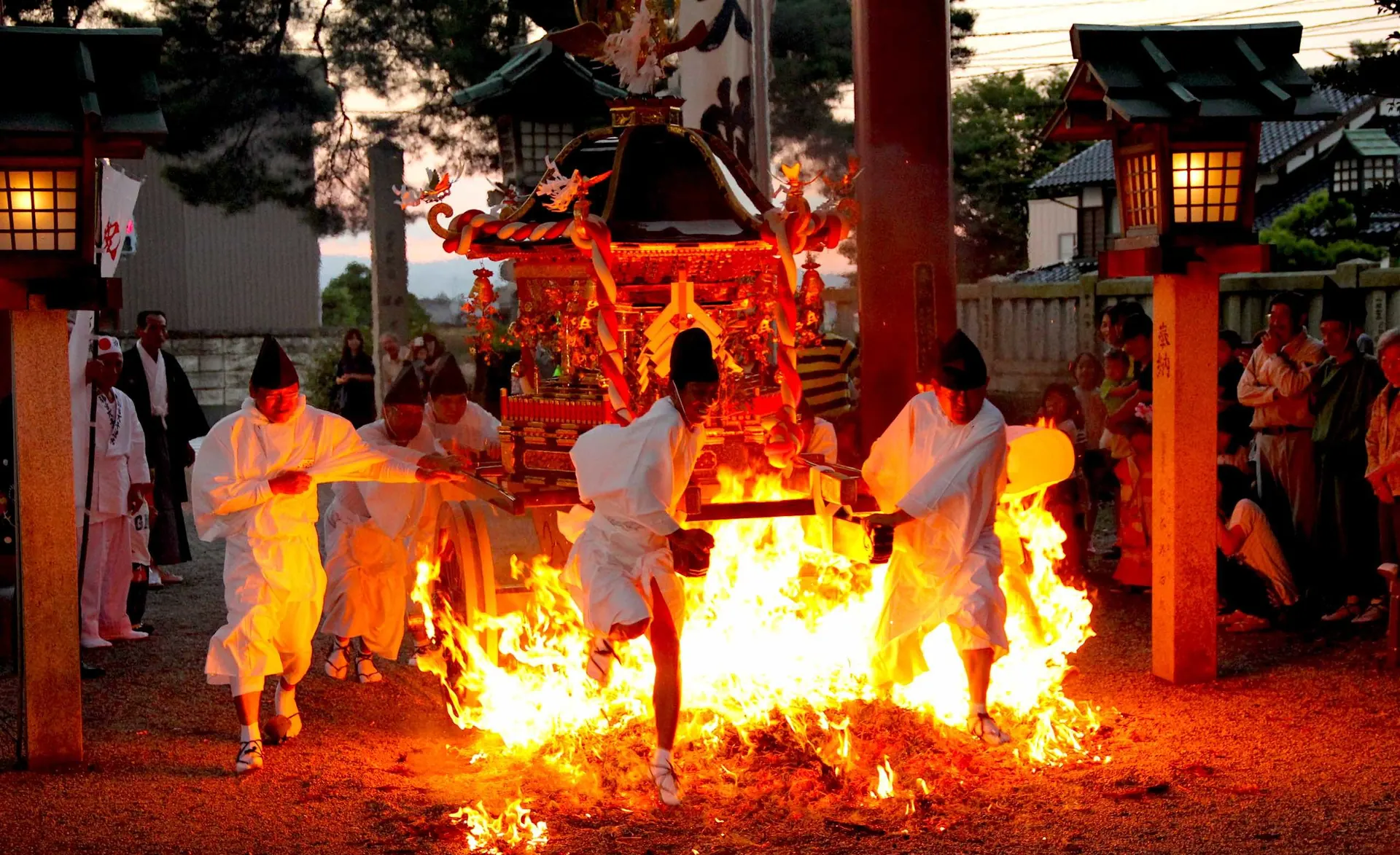 Monks crossing embers at the Hiwatari fire-walking festival, Japan